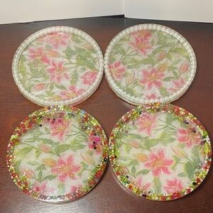 Hand Crafted Floral Coaster set of 4 with Pink and Green Accents